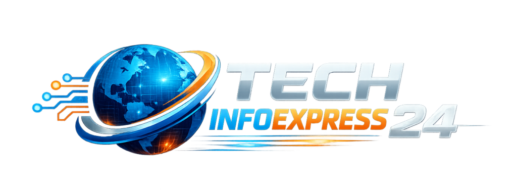Tech Infoexpress24 technology blog logo showing a digital globe with circuit design, representing latest tech news, gadgets, AI, software and online tech updates