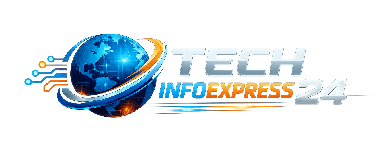 Tech Infoexpress24 technology blog logo showing a digital globe with circuit design, representing latest tech news, gadgets, AI, software and online tech updates